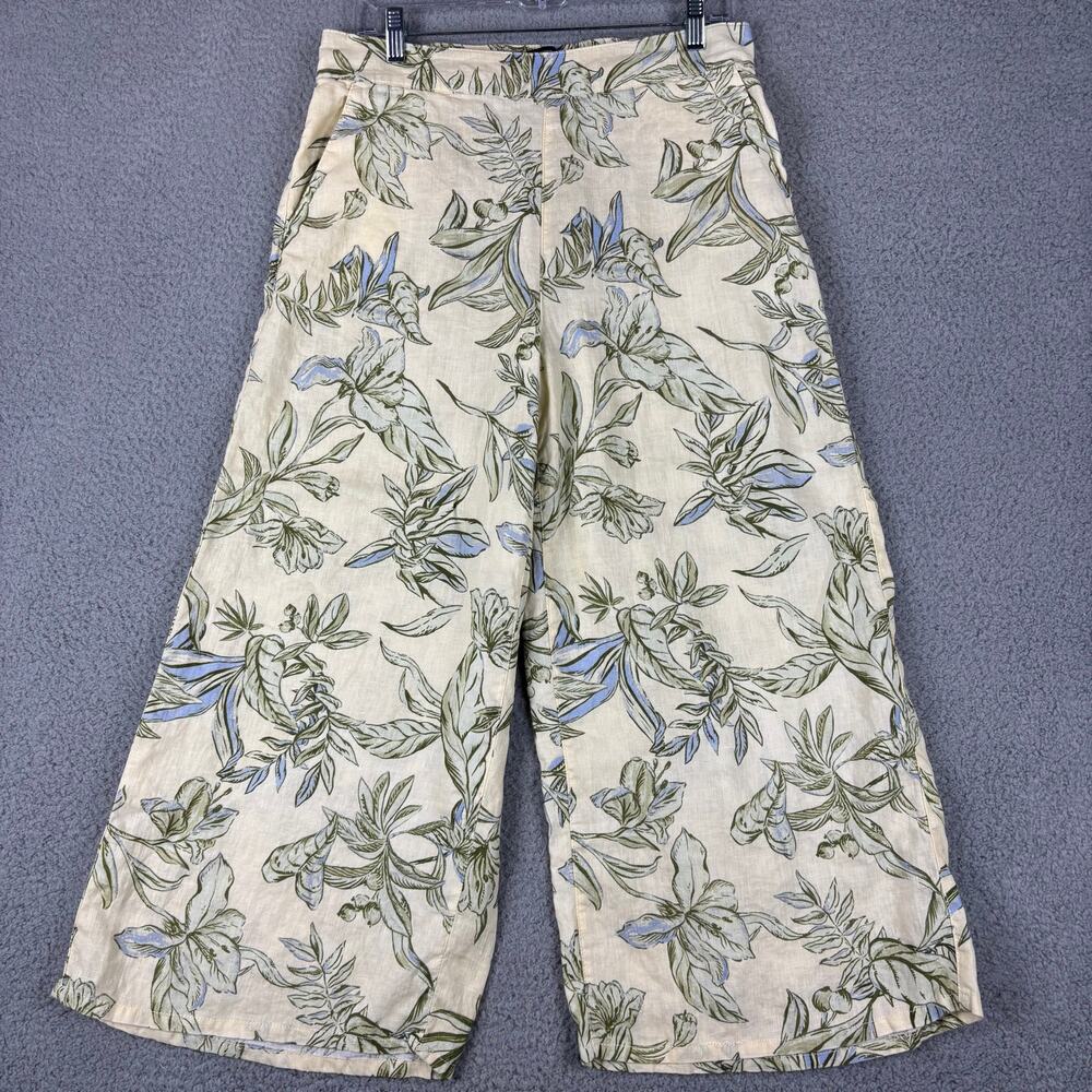 Tahari Linen Pant Large Wide Leg Floral Palazzo Resort Cruise Pull On Pockets
